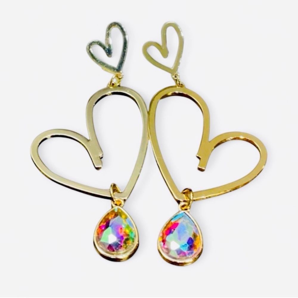Gold Heart Drop Earrings with Sparkling Gym